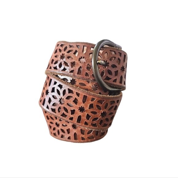 Genuine Leather Floral Cutout Belt Sz M Boho Chic Raw Edge 90s Vintage Inspired - Picture 1 of 13